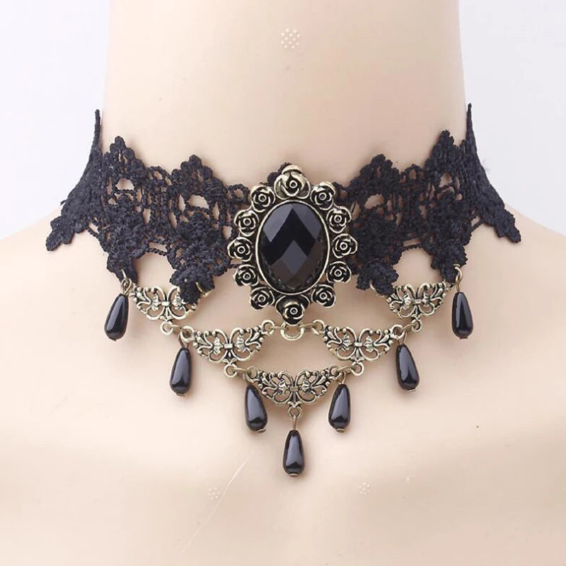Halloween Choker Necklace for Women Rhinestone Pendant Lace Gothic Necklace for Steampunk Royal Court Vampire Costume Jewelry - Charlie Dolly
