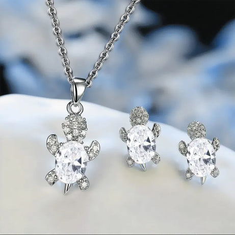 Sea Turtle Necklace & Earrings Set of 3, Silver-Plated Multi-Color Glass Ocean Jewelry