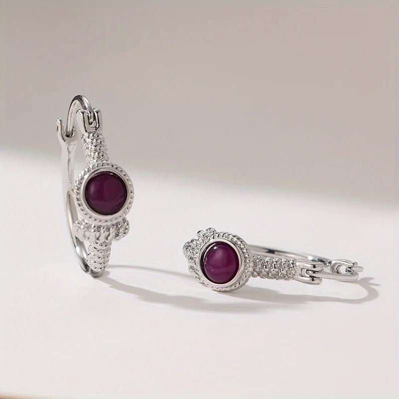 Bohemian Style Vintage Inlaid Synthetic Amethyst Silvery Plated Hoop Earrings for Women Fashion Banquet Jewelry Accessories Gift