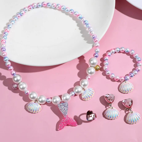 Princess Mermaid Shell Charm Necklace and Bracelet Set (5 Pieces)