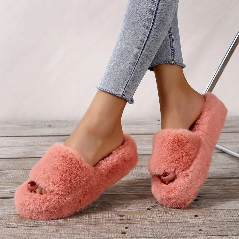 Winter Fur Women slippers 2023  Plush fluffy Home Slippers Women Cozy Soft Warm Furry Indoor House Shoes Platform Flip Flops 42 - Charlie Dolly