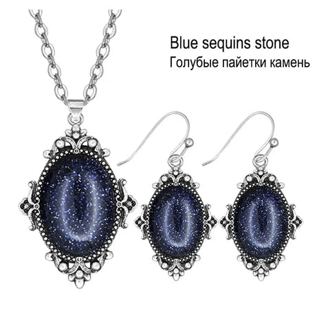 Vintage Look Natural Stone Lapis Lazuli Jewelry Sets Solid Silver Plated Necklace Earrings Flower Fashion Jewelry - Charlie Dolly