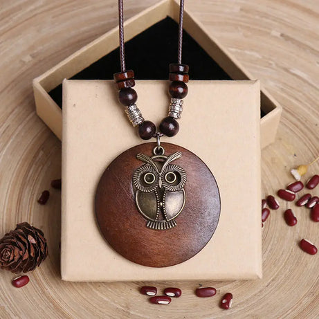 Wood Owl Leaf Pendant Wax Rope Necklace Jewelry