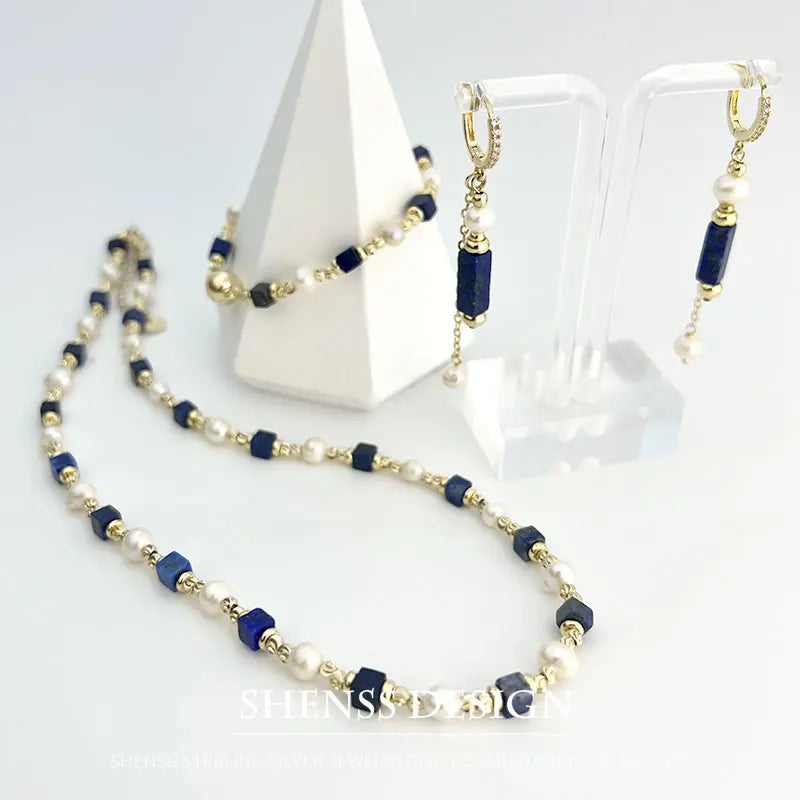 Natural Freshwater Pearl Necklace 4X4 lapis lazuli Bracelet Earring Plated 14K Gold Accessories