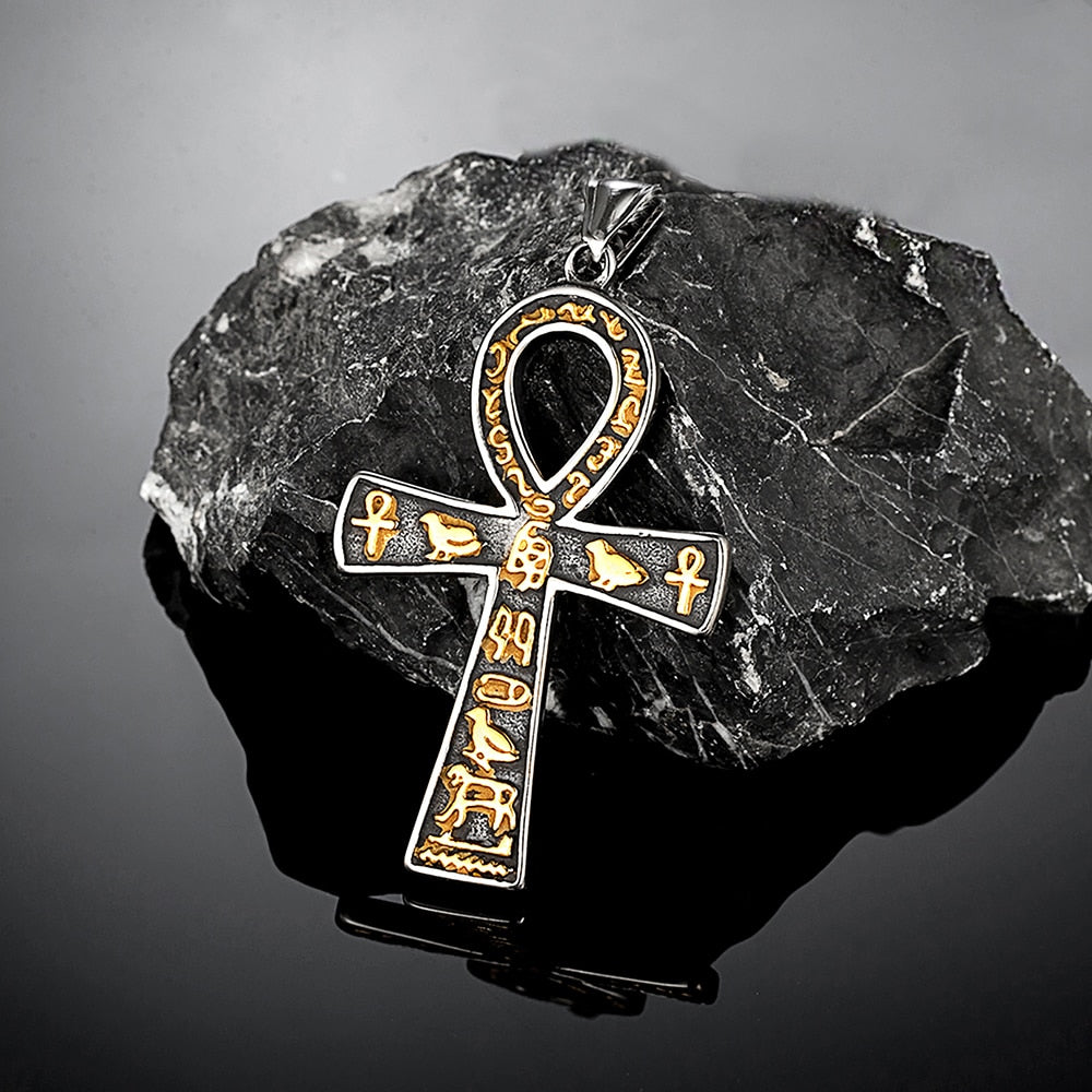 Vintage Ancient Egyptian Ankh Cross Necklaces For Men Women Stainless Steel Cuneiform Characters Pendant Unisex Amulet Jewelry - Charlie Dolly