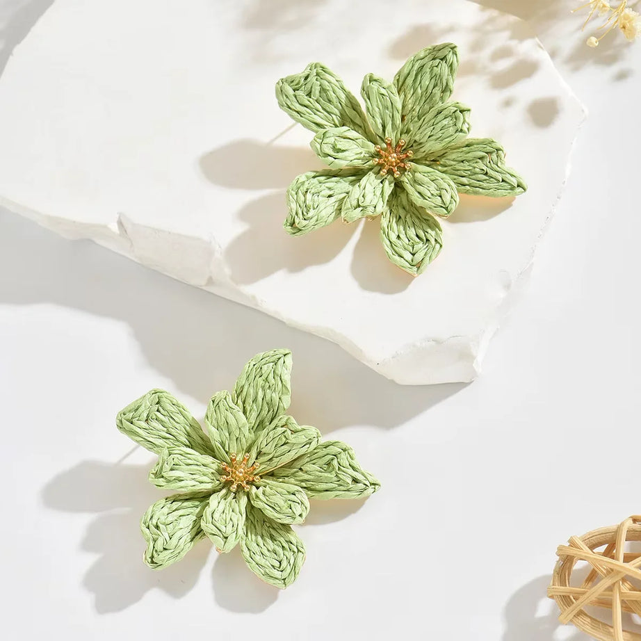 Raffia Woven Flower Boho Earrings Jewelry
