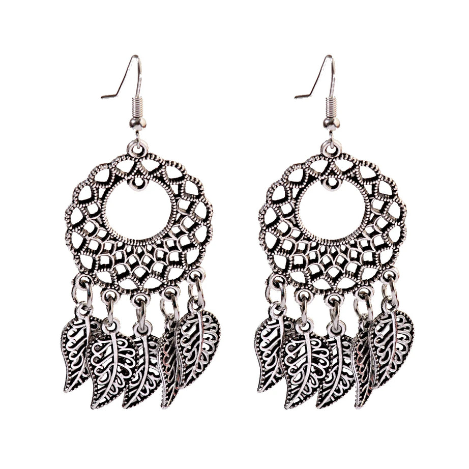 Silver Hollow Round Leaf Tassel Jhumki Earrings Jewelry