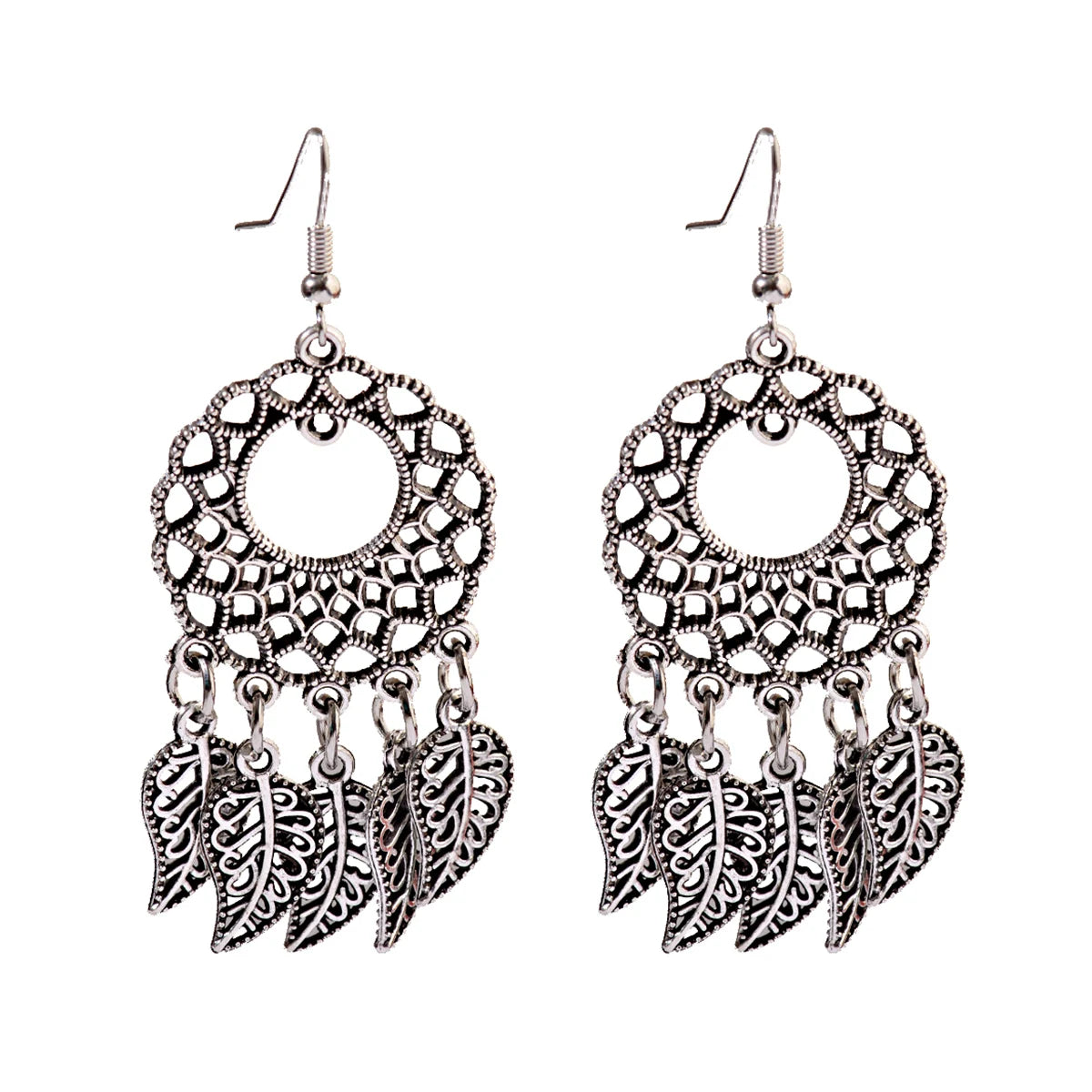 2023 Ethnic Indian Women's Round Hollow Silver Color Drop Earrings Leaf Tassel Boho Tribal Jewelry India Jhumki