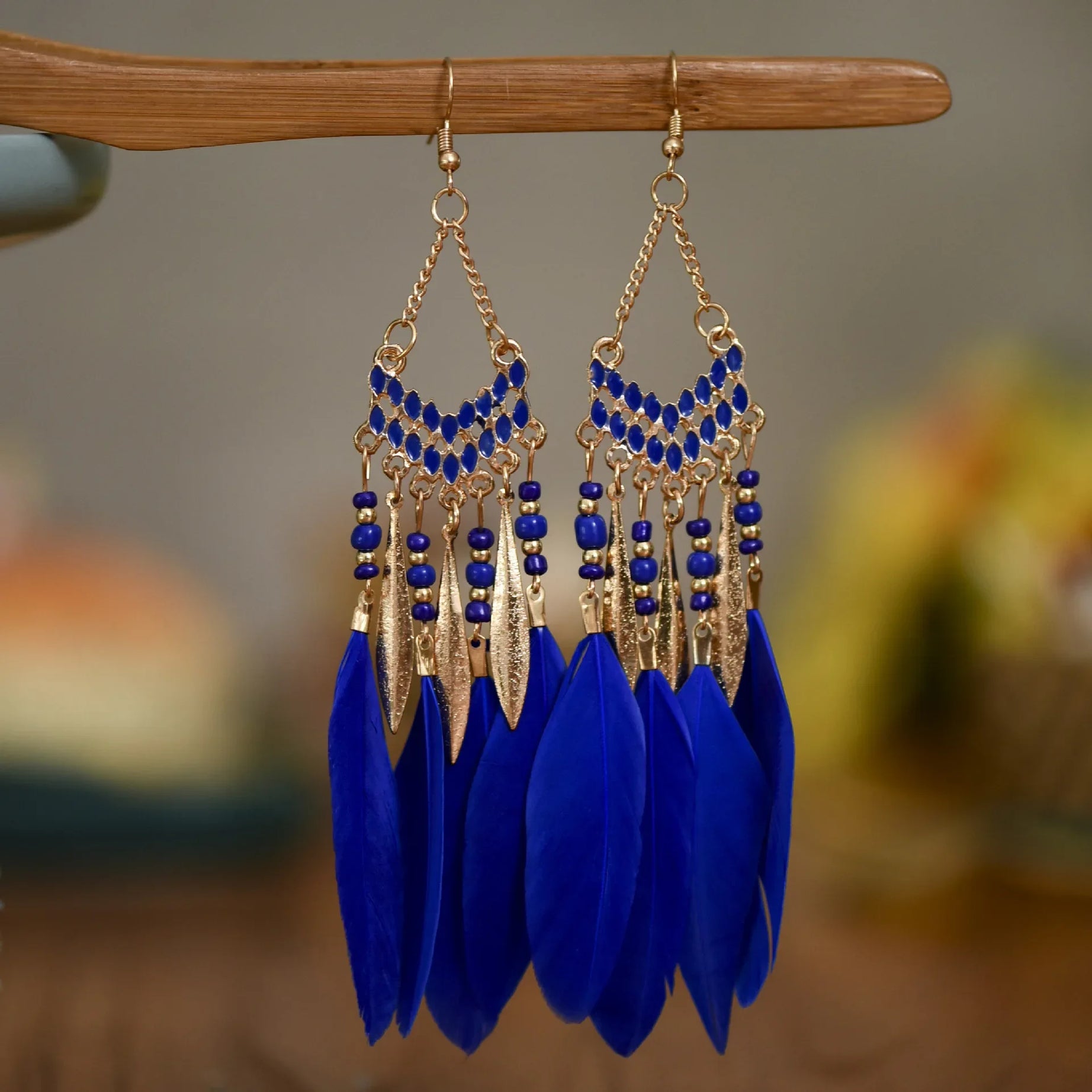Feather Colorful Bead Long Tassel Earrings Jewelry
