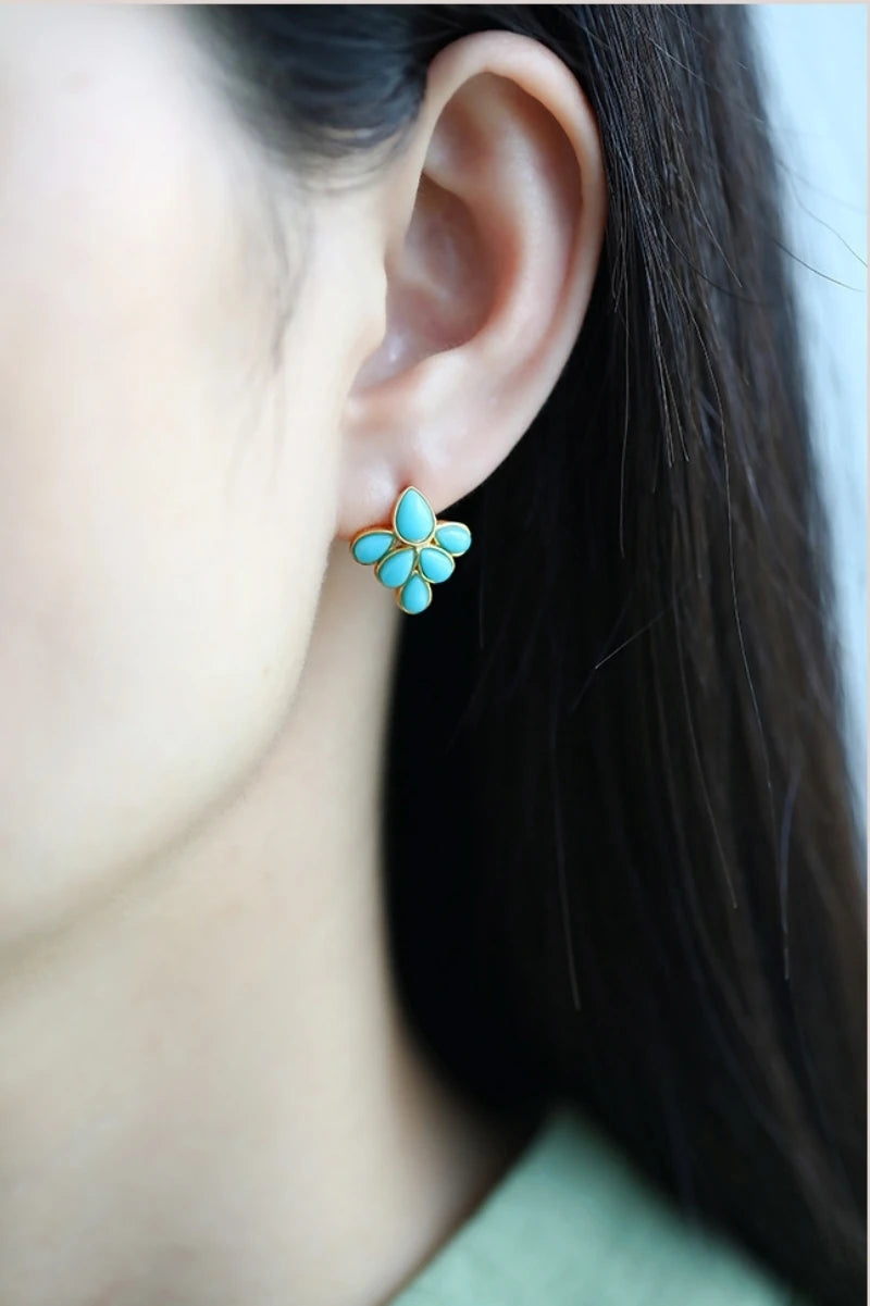 GEEZENCA 925 Silver Lapis Lazuli Turquoise Leaf Stud Earrings Women Gold Plated Trendy Dainty Lightweight Statement Earring Gift