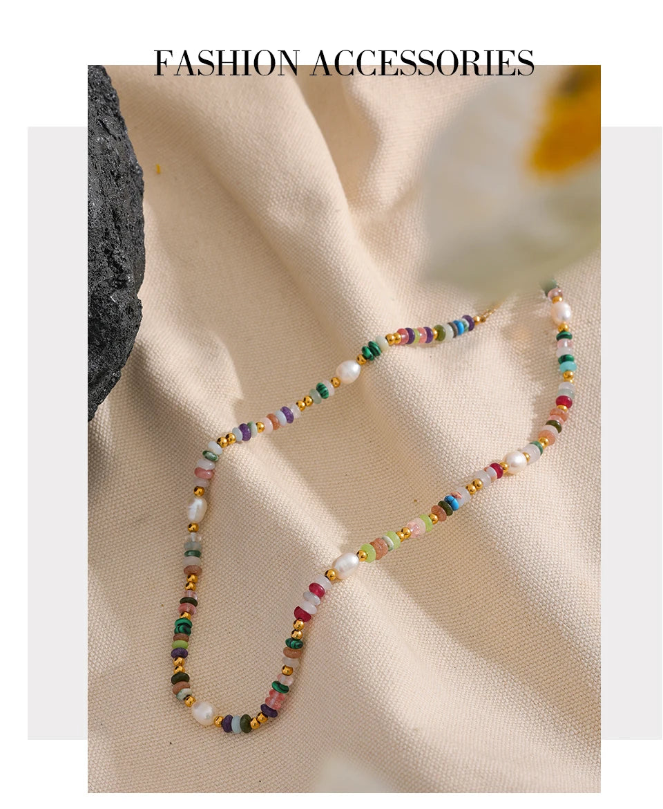 Yhpup Y2K Natural Pearl Stone Colorful Handmade Boho Necklace Women Stainless Steel Aesthetic Gold Color Fashion Jewelry