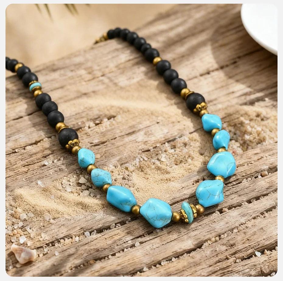 Vnox Natural Stone Beaded Necklace for Men Women, Black Onyx Turquoise 45-50cm Adjustable Chain Boho Trendy Jewelry Gifts Unisex
