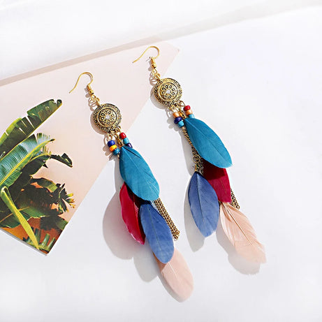 Feather Crystal Flower Bead Long Earrings Jewelry