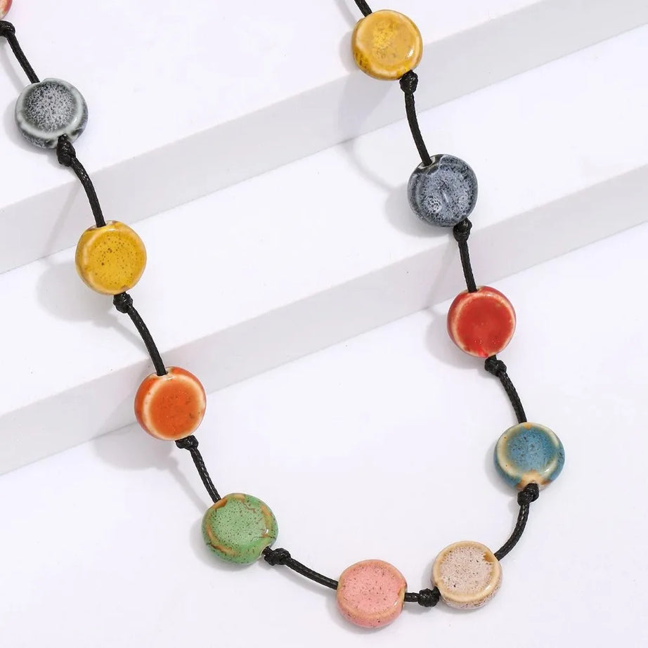 Colorful Ceramic Bead Woven Rope Necklace Jewelry