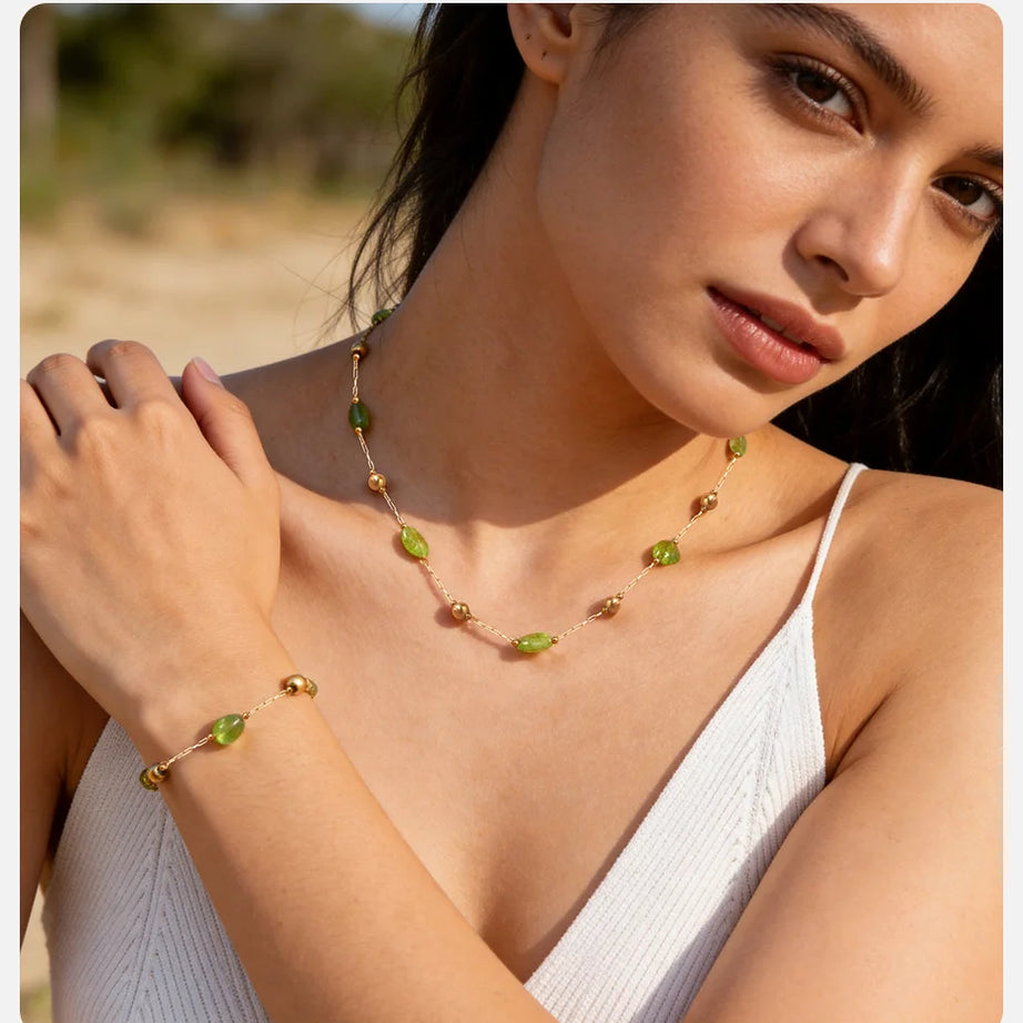 Vnox Stainless Steel Natural Green Stones Spacer Bead Thin Chain Bracelet Summer Boho Seaside Vacation Choker Bracelet Jewelry - Charlie Dolly