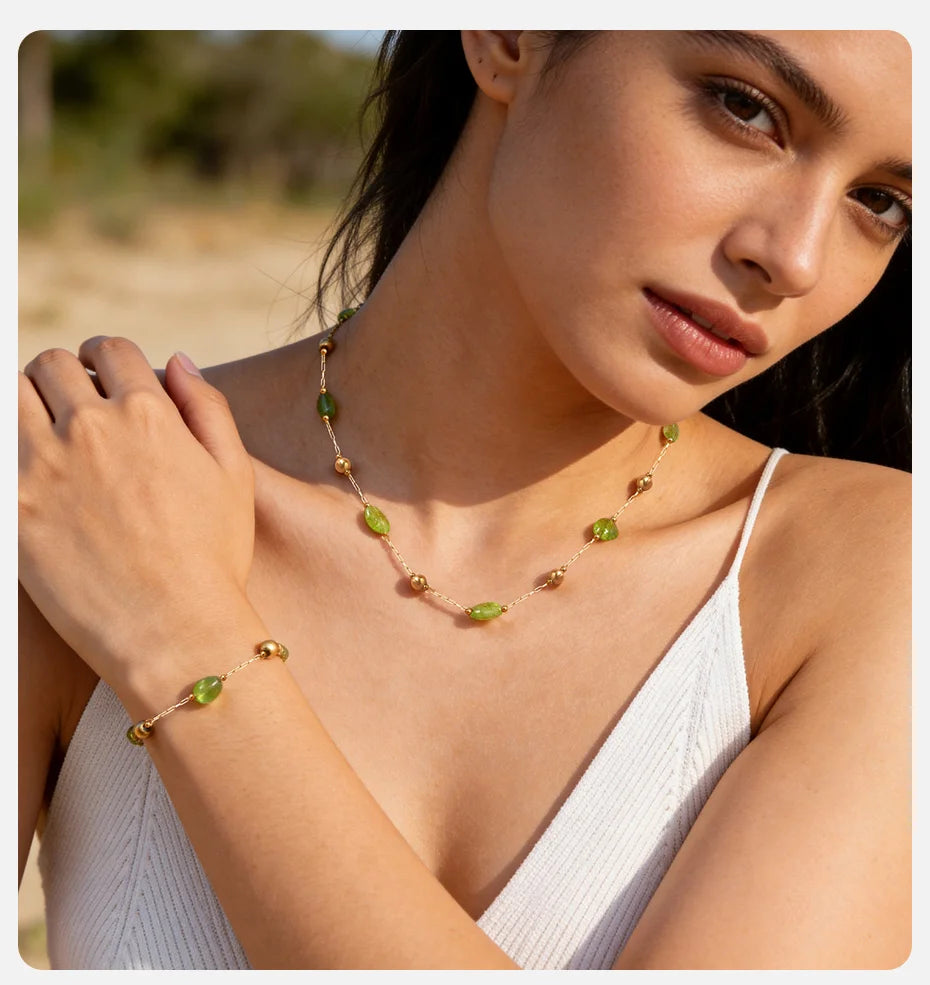 Vnox Stainless Steel Natural Green Stones Spacer Bead Thin Chain Bracelet Summer Boho Seaside Vacation Choker Bracelet Jewelry
