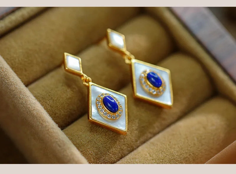 S925 Silver Lapis Lazuli White Shell Suit Earrings Necklace Pendant Light Luxury Fashion New Temperament Elegant Female