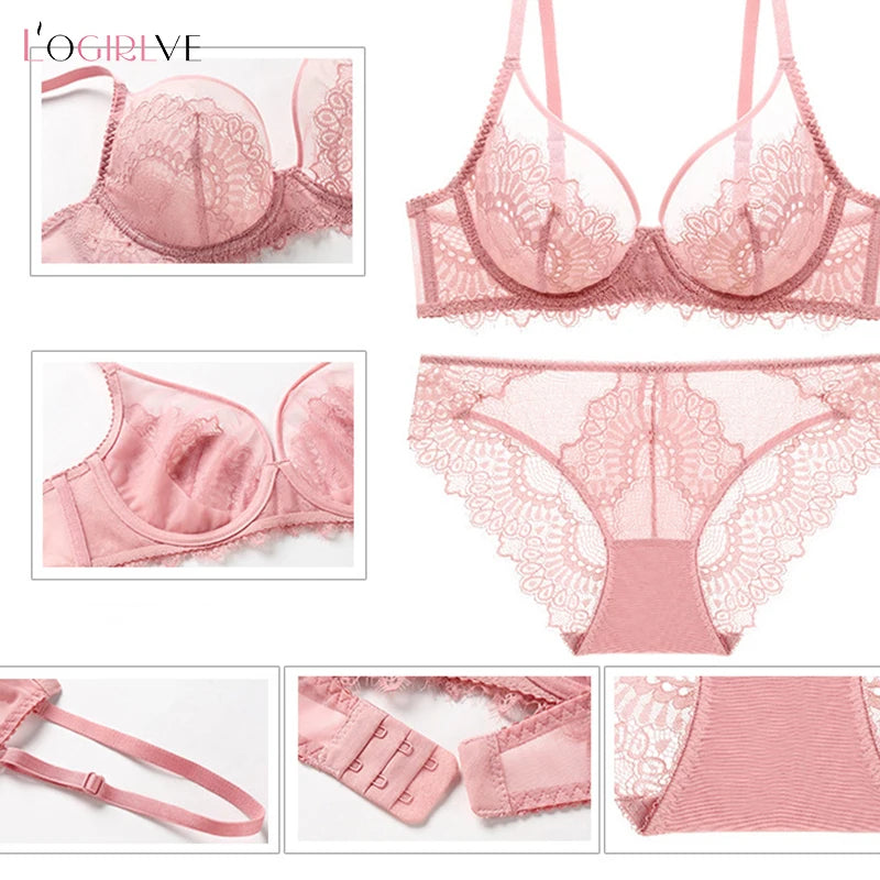 Logirlve Sexy Brassiere Transparent Ultrathin Bra Panty Set Push up Embroidery Underwear Set Plus Size Bras Women Lace Lingerie - Charlie Dolly