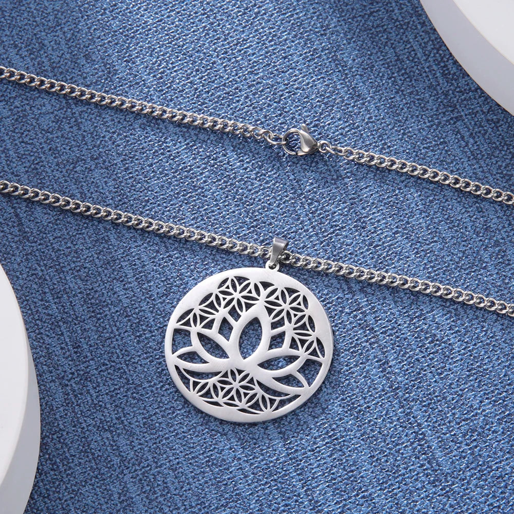 Dawapara Lotus Flower of Life Necklace Stainless Steel Women Jewelry Buddhism Peace Symbol Yoga Meditation Amulet Pendant
