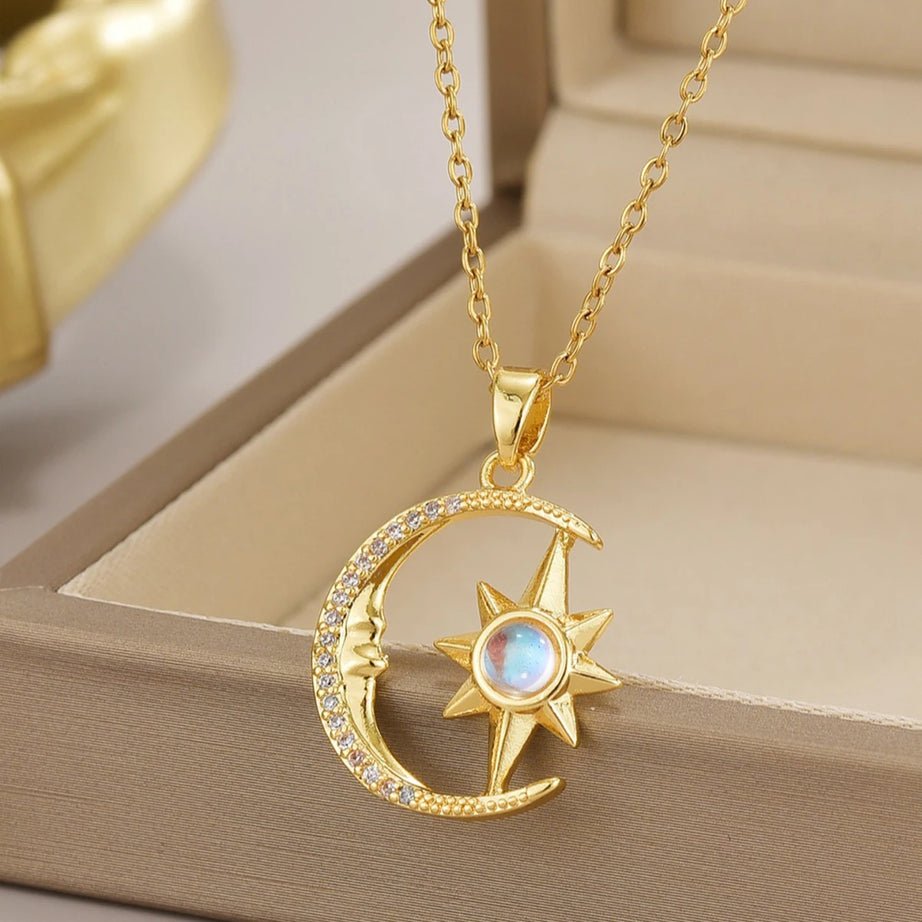 Stainless Steel Moon & Star Zircon Pendant Necklace, Delicate Celestial Chain