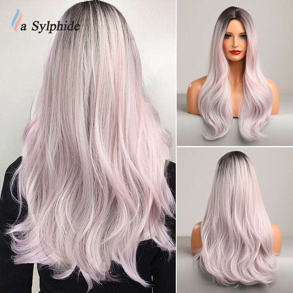 La Sylphide Synthetic Hair Wigs Cosplay Wig Long Wave Root Black Ombre Pink for Woman Heat Resistant Fiber Daily Party Wig - Charlie Dolly