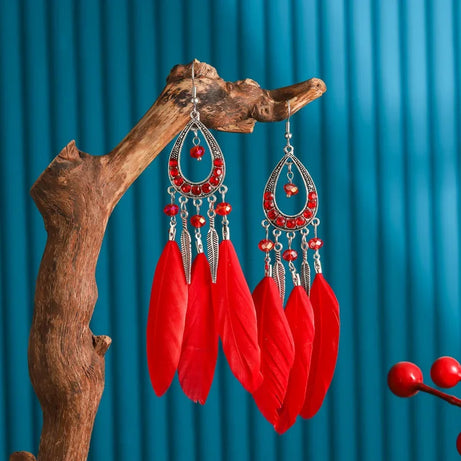 Feather Crystal Tassel Boho Dangle Earrings Jewelry