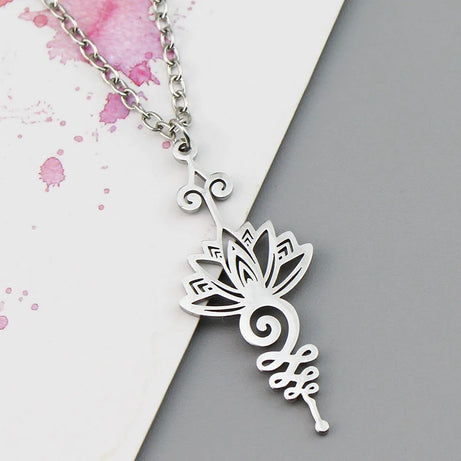 Unalome Lotus Pendant, Stainless Steel Yoga Sacred Path Necklace