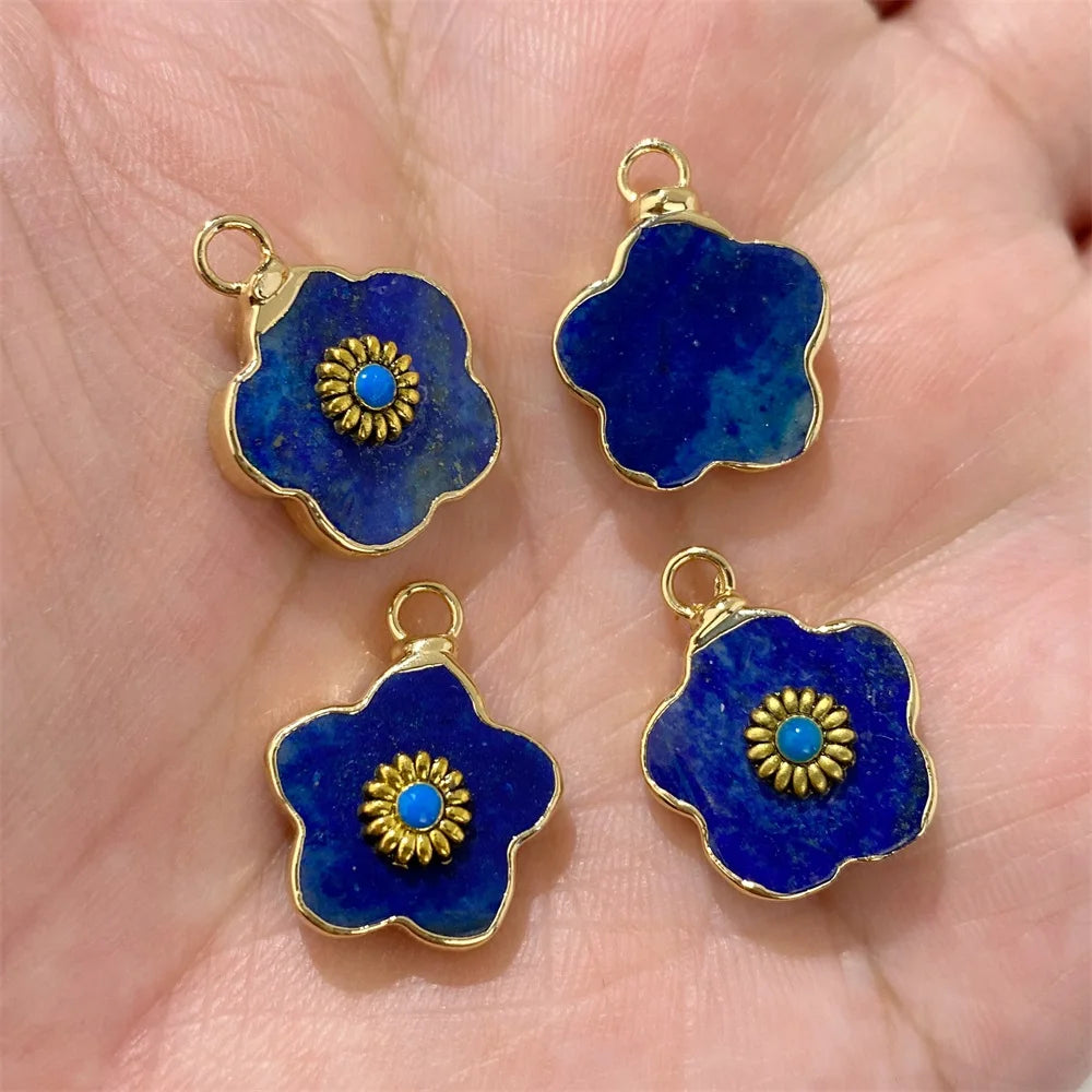 2pcs Natural Stone Flower Charms Tiger Eye Lapis Lazuli Flower Pendant For Jewelry Making Necklace DIY Earrings Bracelet15x20mm