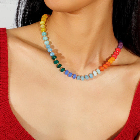 Badu Rainbow Gemstone Beaded Necklace Colorful Natural Stone Choker Necklace Summer Beach Vacation Women's Fashion Boho Jewelry - Charlie Dolly