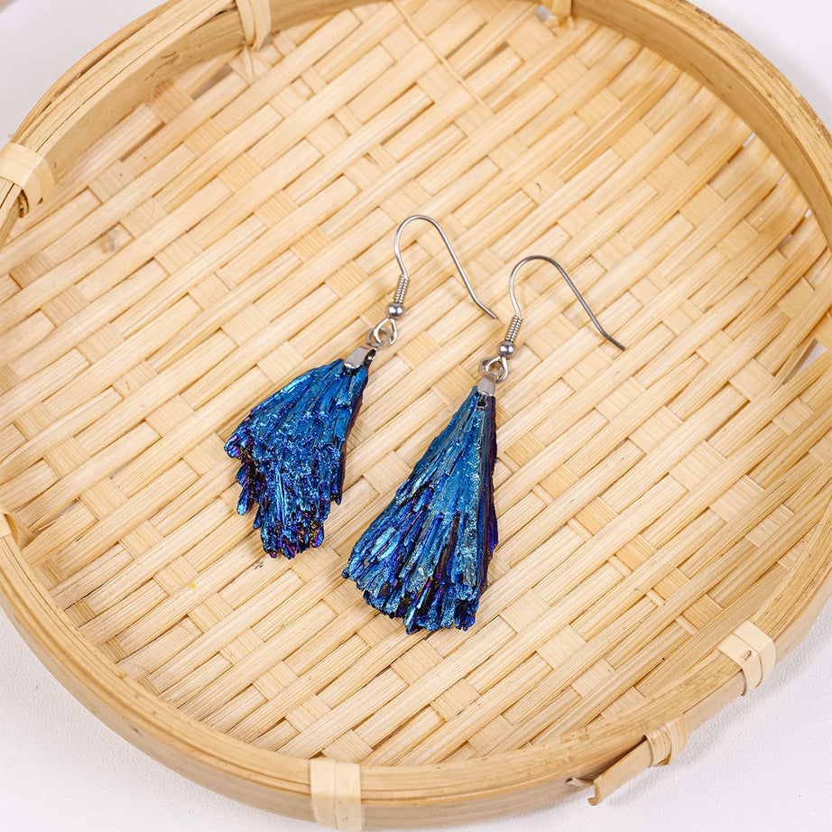 Aura Blue Tourmaline Feather Drop Earrings, Healing Crystal Chakra Boho Jewelry