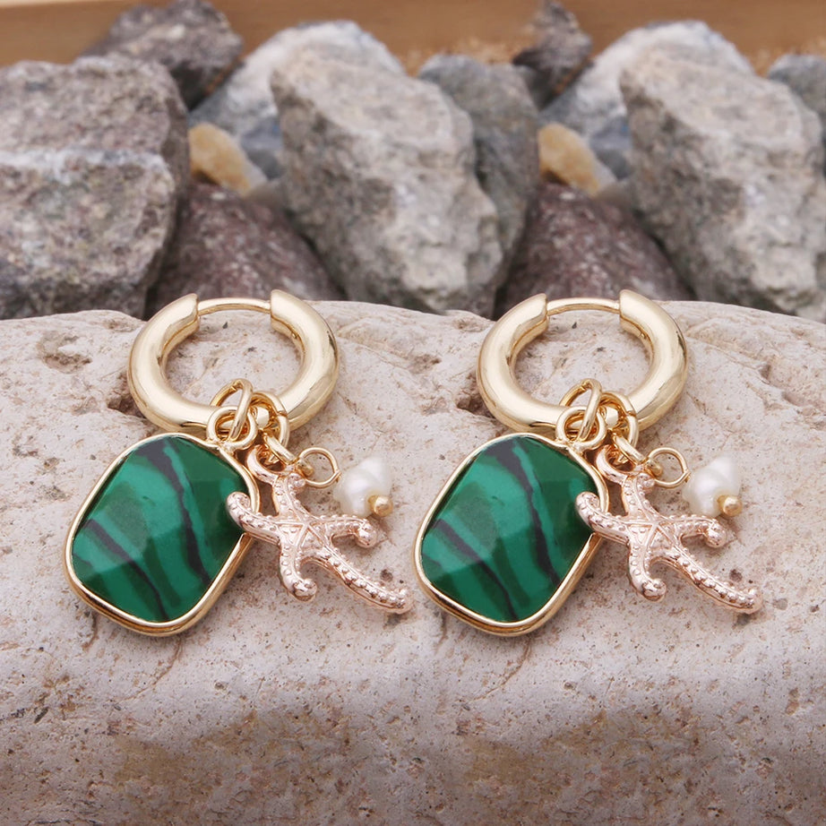 Pendant Earrings For Woman Boho Natural Stone Clover Malachite Powder Crystal Bohemia Charm Ear Luxury Quality Jewelry Girls - Charlie Dolly