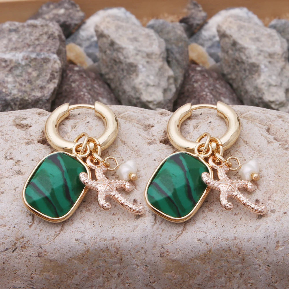 Pendant Earrings For Woman Boho Natural Stone Clover Malachite Powder Crystal Bohemia Charm Ear Luxury Quality Jewelry Girls