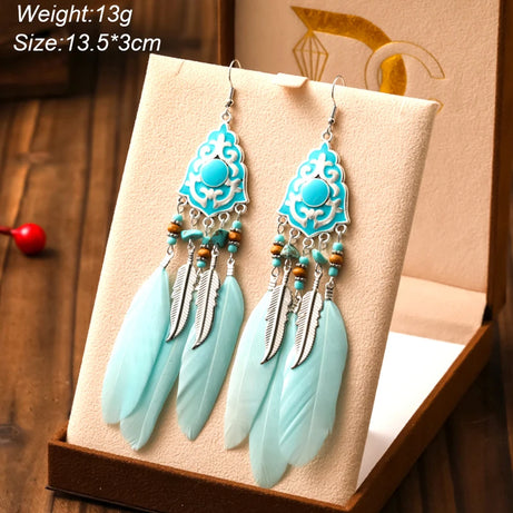 Blue Enamel Feather Crystal Long Earrings Jewelry