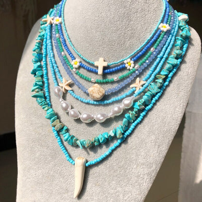 Handmade Beaded Shell Pendant Necklace Pearl Flower Clavicle Chain Vintage Turquoise Choker Necklace Jewelry for Women Gifts