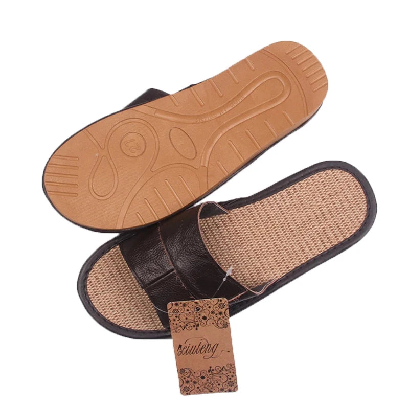 New 2022 Famous Brand Casual Men Sandals Summer Leather Linen Slippers Summer Shoes  Flip Flops Fast Shipping - Charlie Dolly