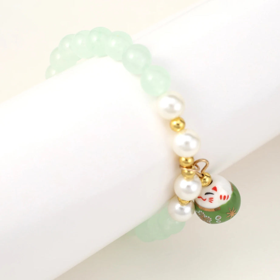 Boho Fortune Cat Charms Bracelet for Women 8mm Round Natural Stone 18cm Stretch Wire Couple Bracelet Jewelry Accessories Gifts - Charlie Dolly
