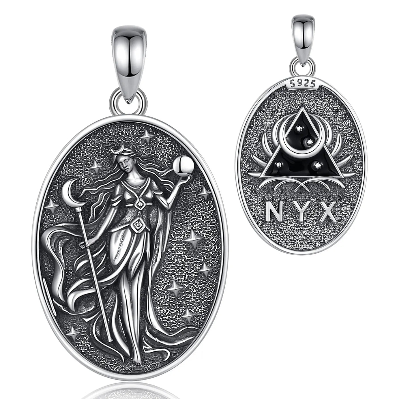 S925 Sterling Silver Nyx Moon Goddess Pendant Necklace, Dark Goddess of Night Wicca Amulet