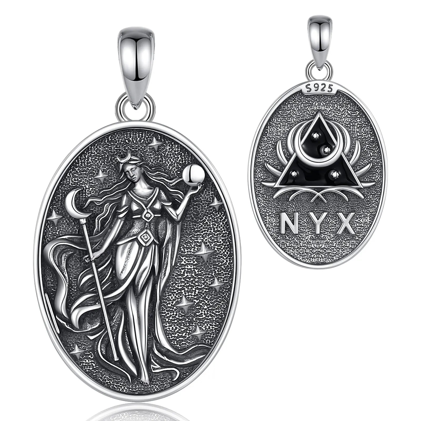 Eudora 925 Sterling Silver NYX Moon Goddess Necklace Dark goddess of Night NYX Pendant Wicca Pagan Hellenic Jewelry for Women
