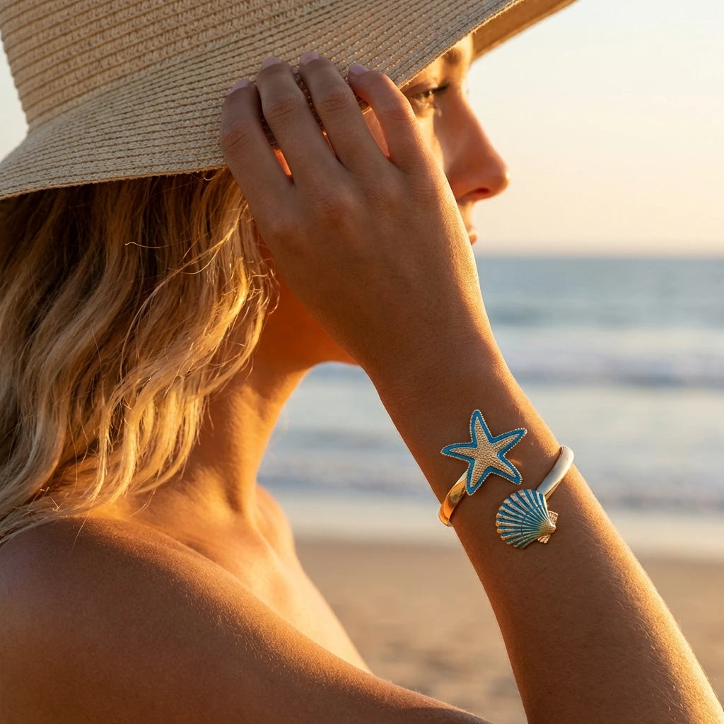 Boho Summer Starfish Shell Open Bangle for Women Gold Color Metal Blue Enamel Marine Bracelet Fashion Beach Vacation Jewelry