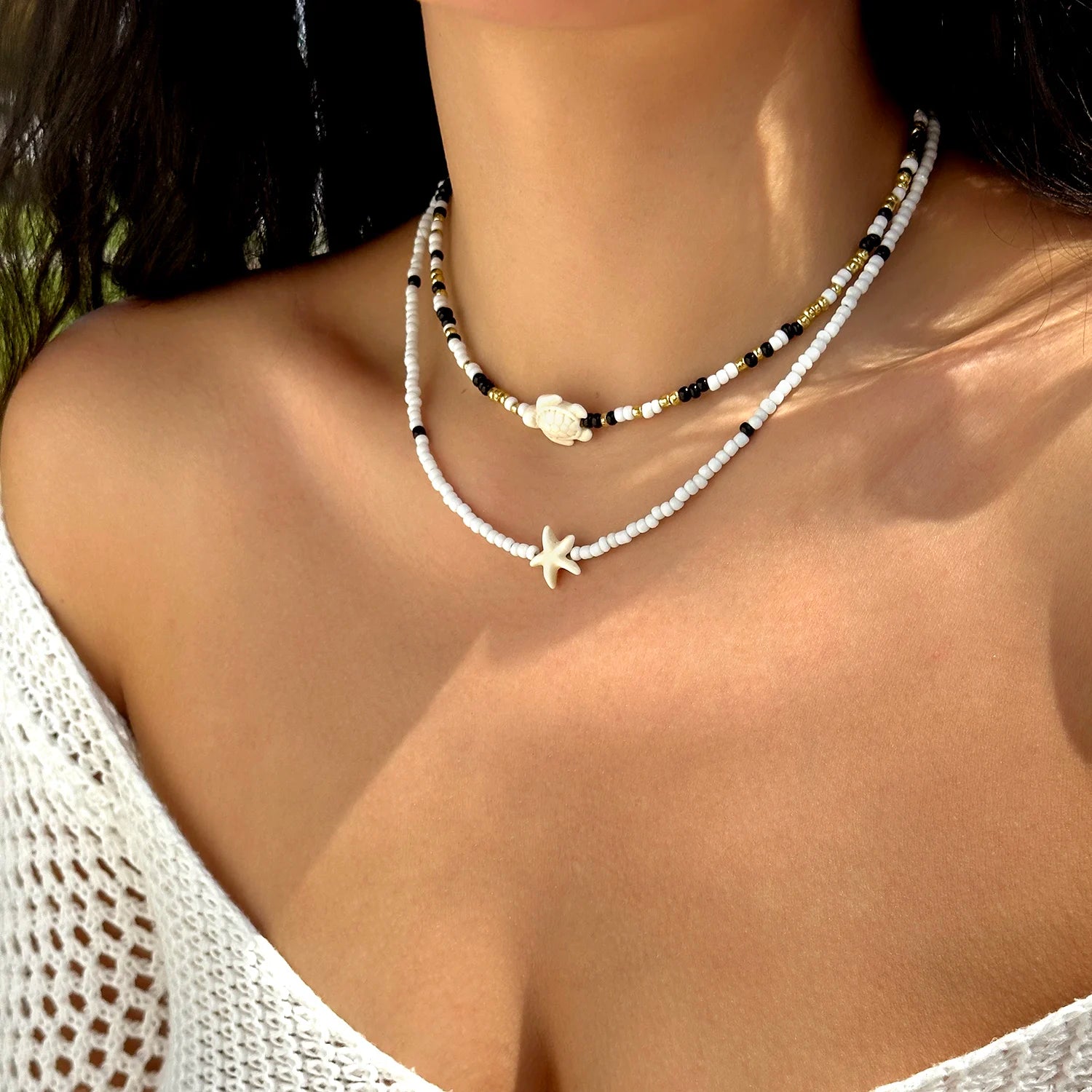 Boho Double Layer Beaded Starfish Shell Turtle Pendant Necklace Women Colorful Beads Clavicle Chain Choker Beach Party Jewelry