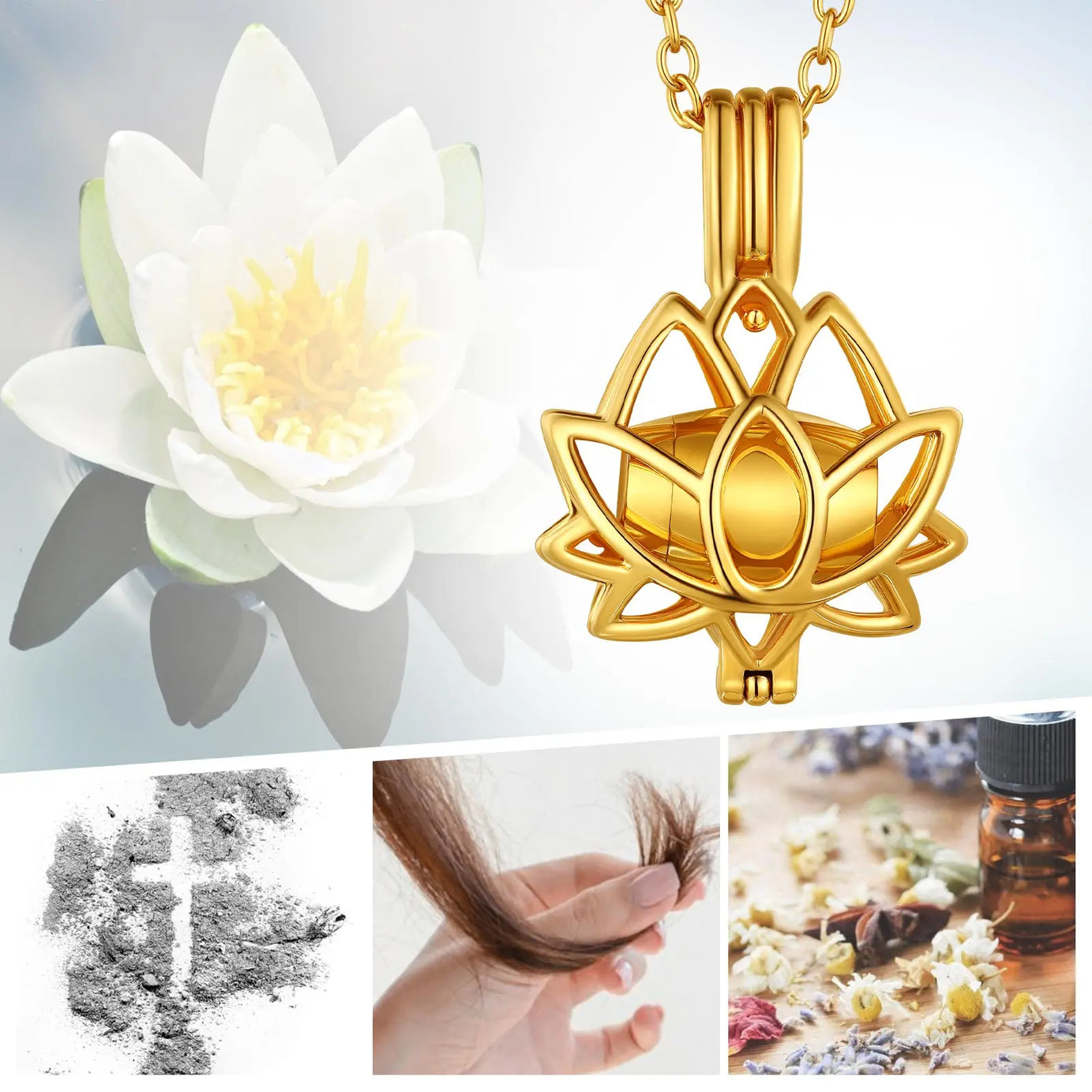 Lotus Flower Cremation Ashes Urn Necklace, Stainless Steel Memorial Keepsake Pendant