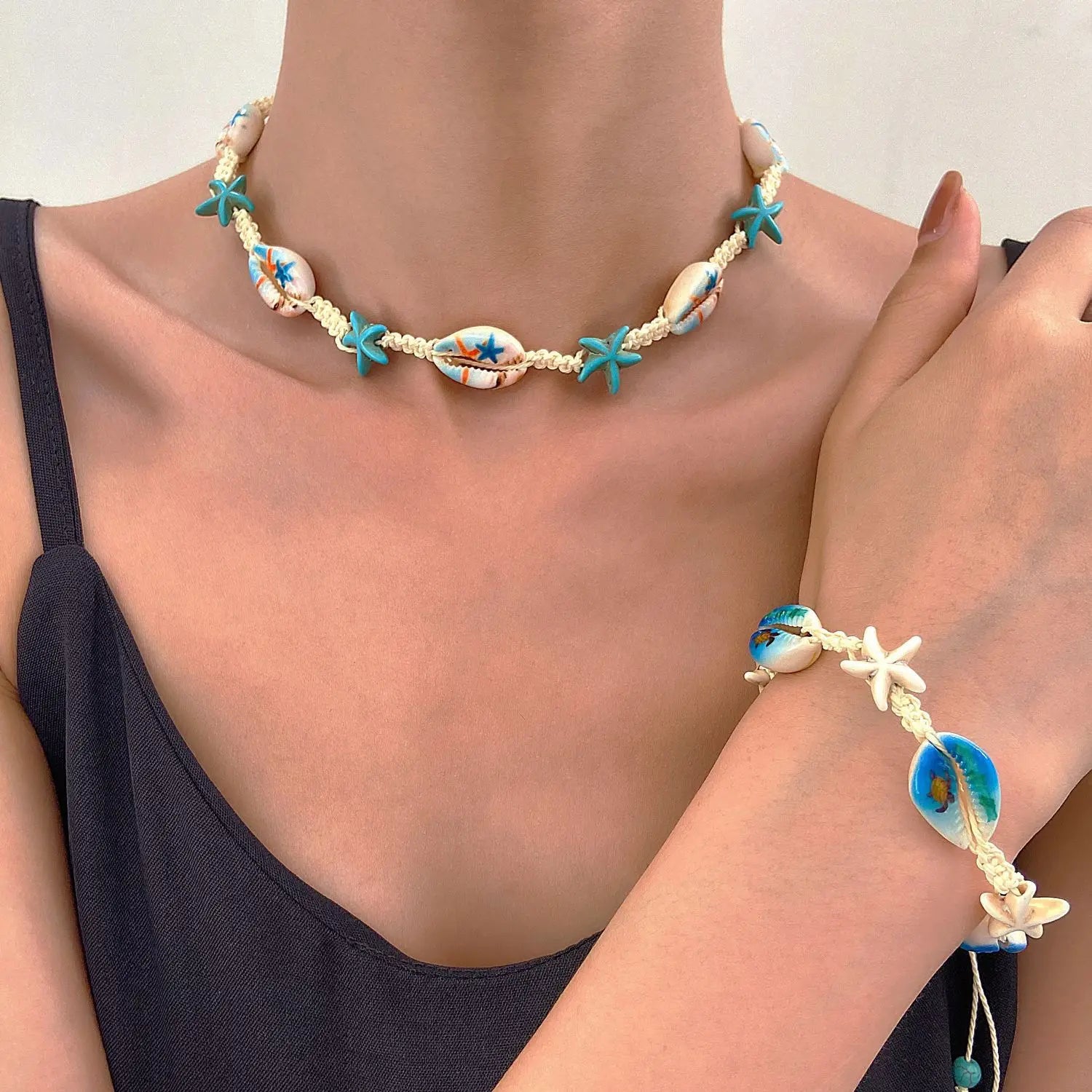 2026 Summer Boho Cowrie Shell Choker Necklace for Women Y2K Cute Blue Starfish Beads Collar Beach Vacation Jewelry Gift