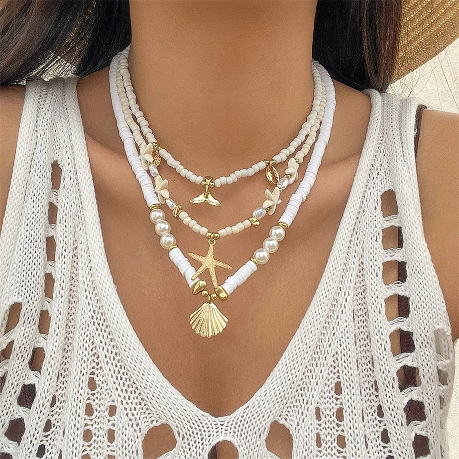 Conch Starfish Rice Bead Collar Necklace Jewelry