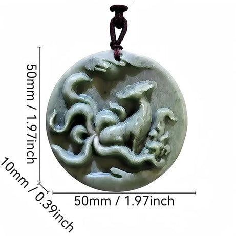 Dark Green Jade Dragon Fox & Owl Pendant Necklace, Carved Amulet Zodiac Talisman