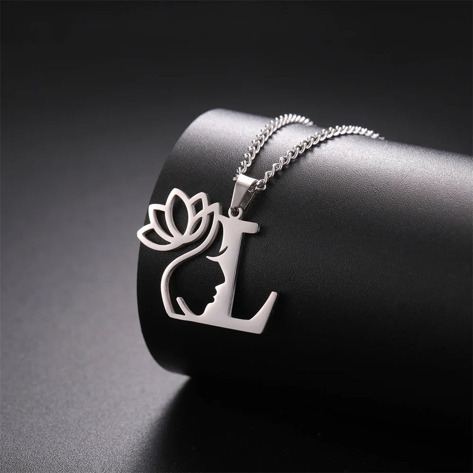 Lotus Flower Initial Letter Pendant, Personalized Stainless Steel Necklace
