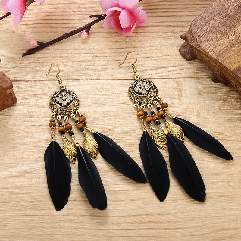 Bohemian Vintage Jewelry For Women Trendy Carved Leaf Feather Tassel Long Earrings Boho Flower Beads Handmade Wedding Earrings