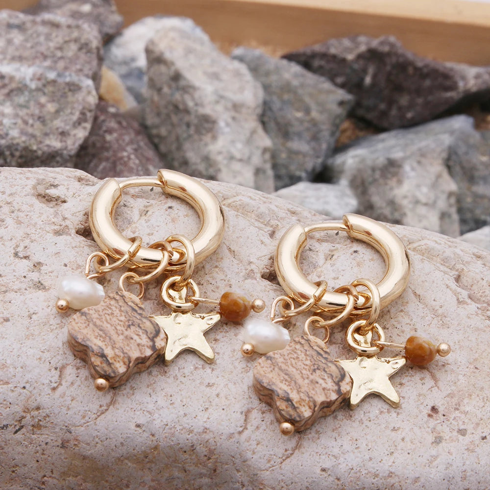 Pendant Earrings For Woman Boho Natural Stone Clover Malachite Powder Crystal Bohemia Charm Ear Luxury Quality Jewelry Girls
