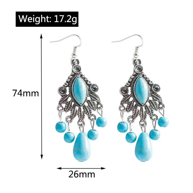 Boho Vintage Turquoise Water Drop Stud Earrings for Women Star Heart Flower Tribe Earring Statement Valentine Day Gift Jewelry