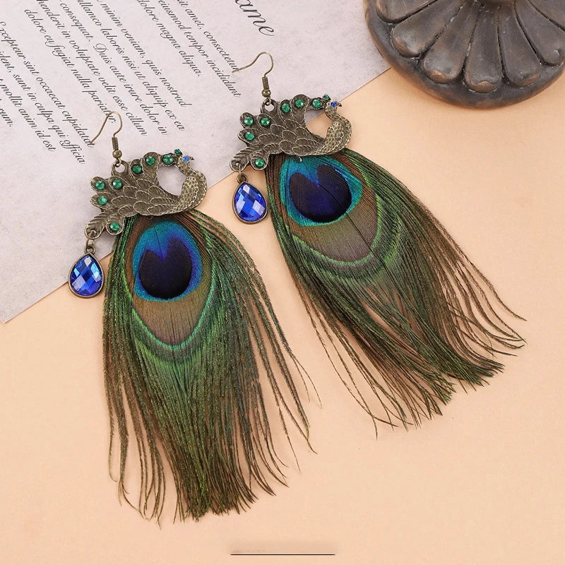 Unique Feather Earrings Imitation Peacock Feathers Vintage Earrings Exaggerate Boho Earrings Statement Jewelry Custom Packaging