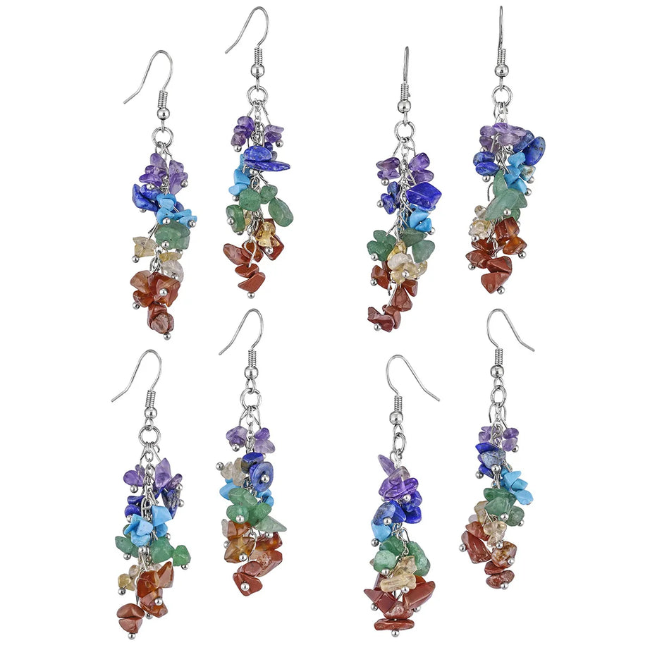 Crushed Crystal Grape Cluster Tassel Earrings, Natural Stone Boho Wedding Jewelry